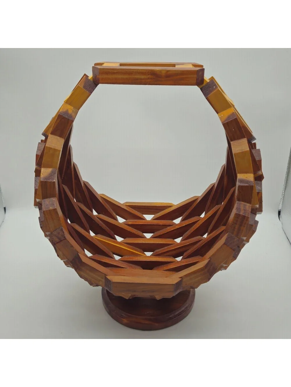 Vintage Handcrafted Geometric Wooden Basket 15x13x9